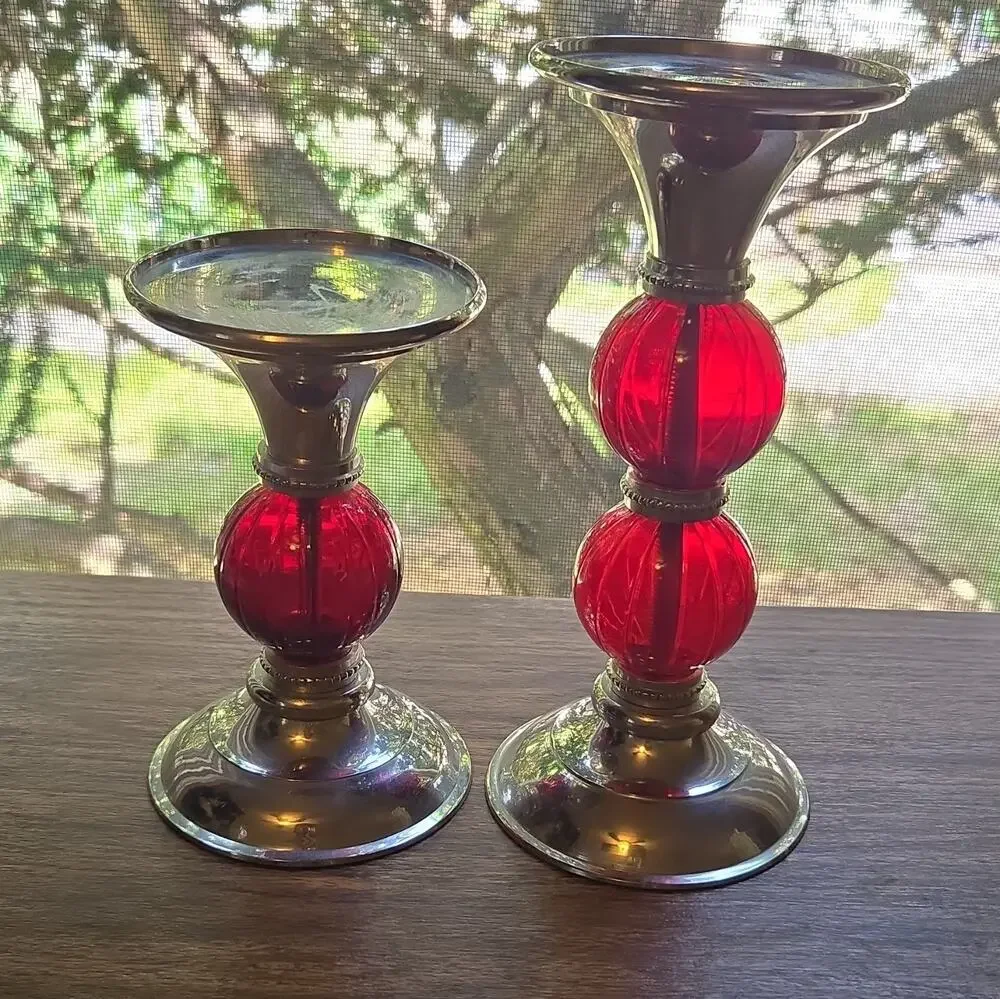 Set of 2 Vintage Martha Stewart Red Glass & Silver Metal Taper Candle Holders